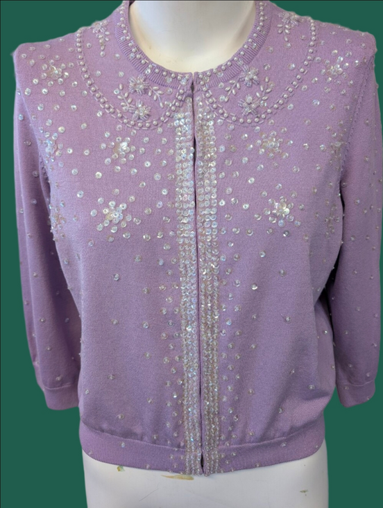 INC International Concepts Sweaters - Sweater Beaded Sequin Lilac Women's Cardigan 3/4 Sleeve Cropped Waist